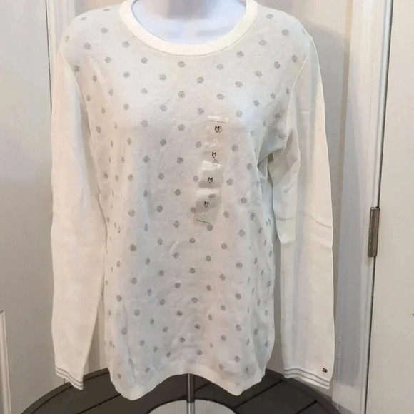 Tommy Hilfiger Women's White Collared Sweatshirt Size Medium Gray Polka Dots - Picture 7 of 12